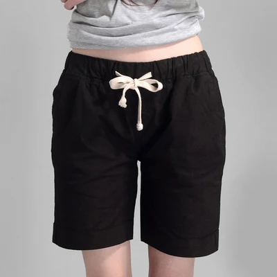 Летние женские шорты модные повседневные льняные шорты с эластичным поясом и карманами - Цвет: Черный