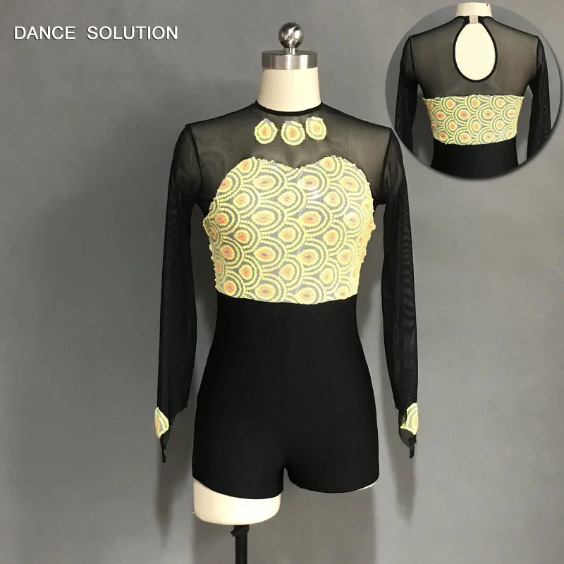 Yellow Sequin Unitard with Long Mesh Sleeves and Boy Shorts Women &amp Girl Stage Dance Costumes Jazz Stretch Wear 3 Colors 18567 |