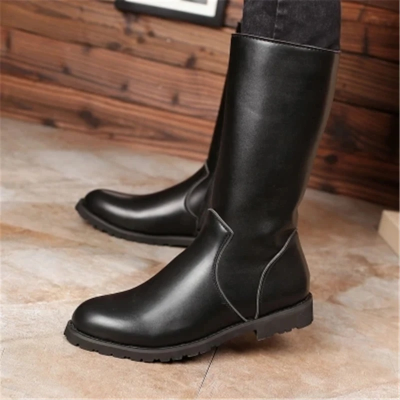 Spring Autumn Men Equestrian Boots Outdoor Military Boots Male Long Leather boots Mid-calf Riding Boots 02C
