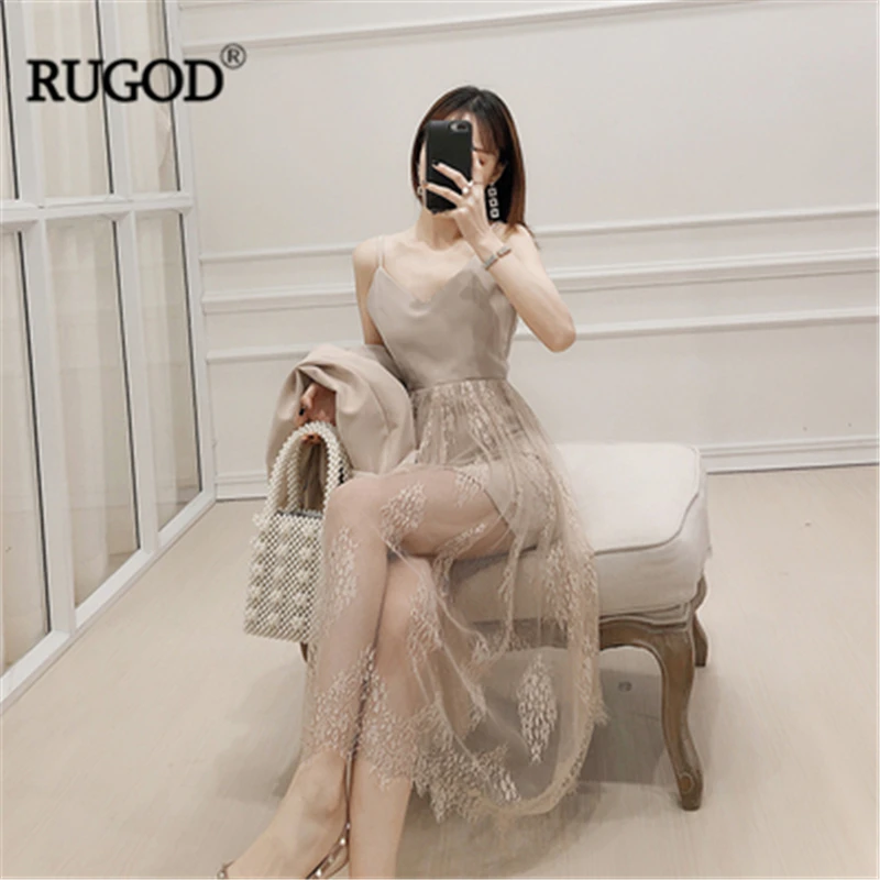 Женское кружевное платье RUGOD длинное однотонное с треугольным вырезом 2019|Платья|
