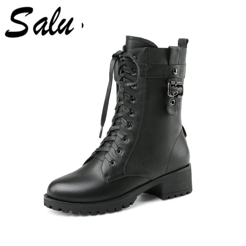Salu Full Grain Leather Winter Boots Shoes Woman Lace-up Zipper Closure Boots Short Plush Handmade Ankle Shoes цена Salu Full Grain Leather Winter Boots Shoes Woman Lace-up Zipper Closure Boots Short Plush Handmade Ankle Shoes цены онлайн
