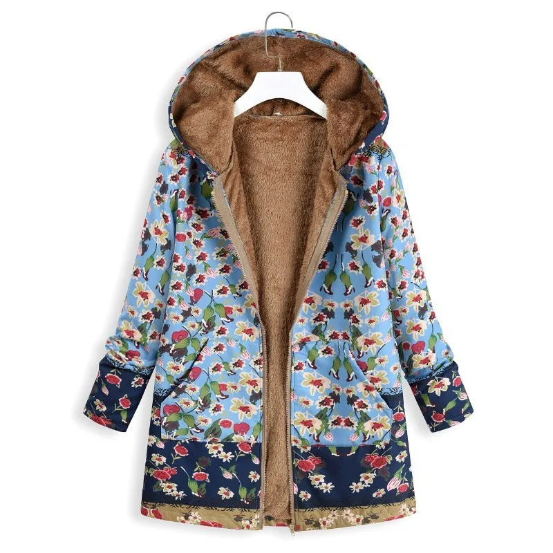 Новинка размера плюс, женское флисовое пальто с капюшоном, шерстяная куртка, зимняя верхняя одежда, теплая, толстая, цветочный принт, с капюшоном, с карманами, Ретро стиль, более размера, пальто - Цвет: 3