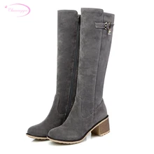Chainingyee/Повседневные Удобные Сапоги до колена с круглым носком; женские сапоги на высоком каблуке с ремешком и пряжкой на молнии; Цвет абрикосовый, черный, серый