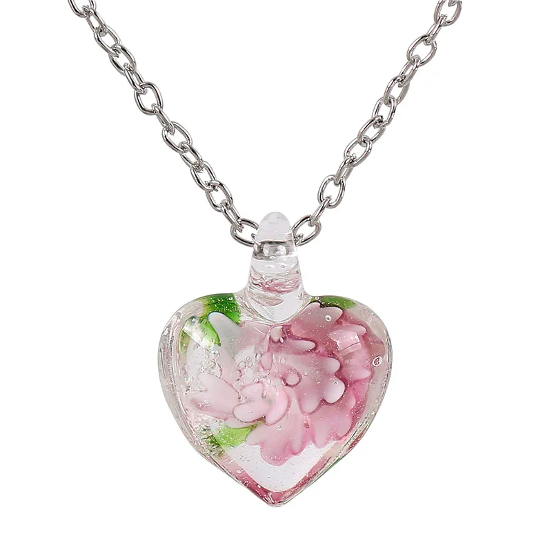 Charm Heart Shape Art Murano Lampwork Glass Pendant Necklace with Pink