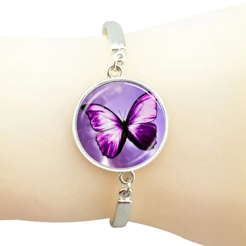 Purple butterfly wrist bracelet butterfly photo jewelry glass dome round alloy metal bangle silver plated jewelry friend gift