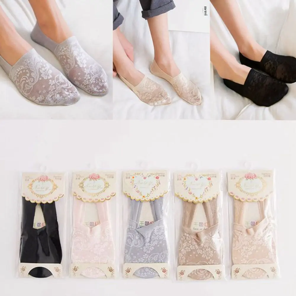 

Spring Summer Style Woman Girls Lace Flower Short Boat Sock Antiskid Low Invisible Ankle Transparent Hollow Out Socks Slippers