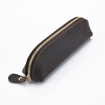 

Genuine Leather Zipper Pen Case Pencil Bag Large Capacity Vintage Crazy Horse Leather Handmade Creative School Stationary