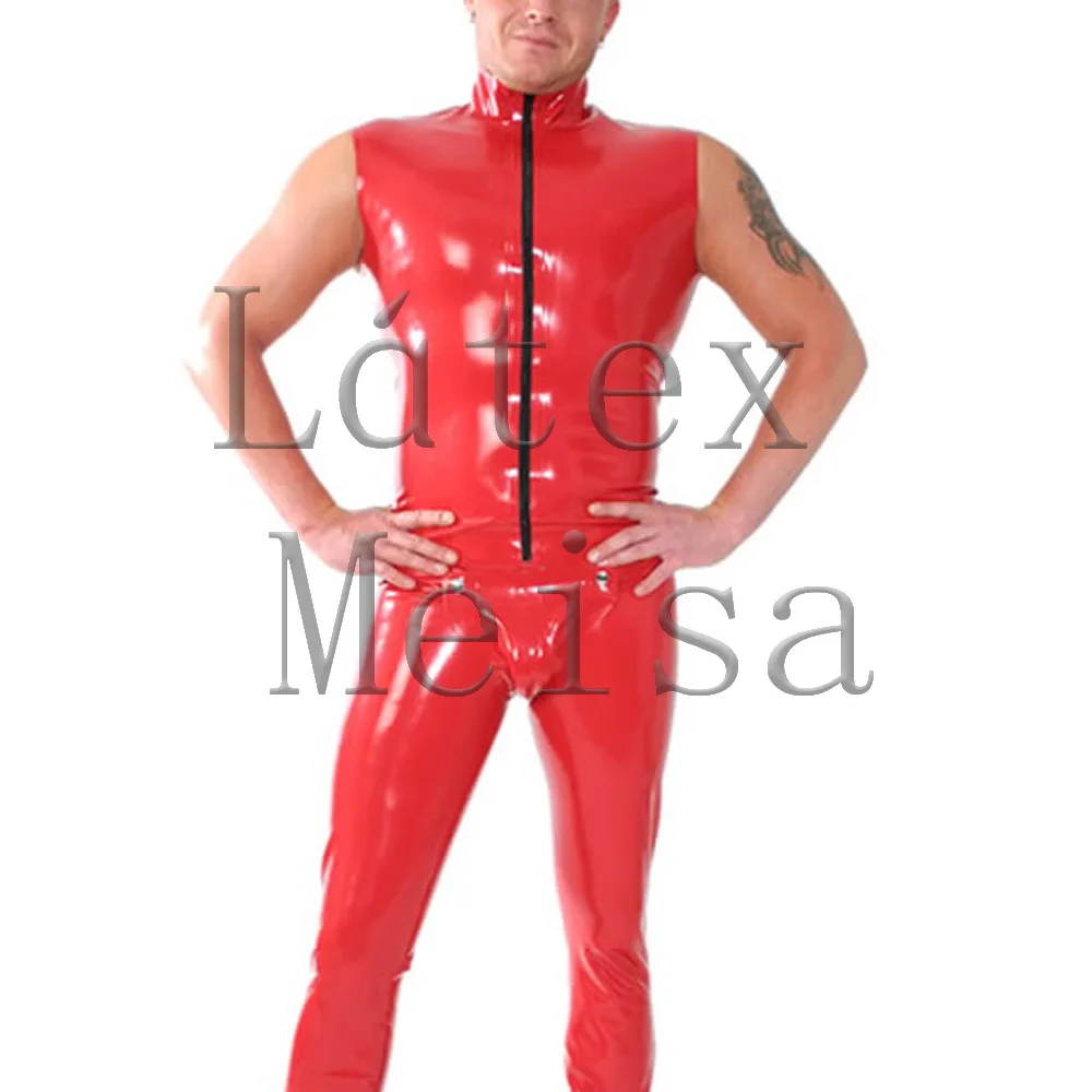 Men's latex sleeveless tops with zip and leggings with codpiece & JJ pe nis open holes clothings set in red color