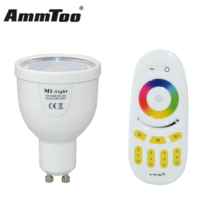 

MiLight 2.4G GU10 4W Wifi Led Light Bulb 85-265V 220V 110V RGBWW RGBW LED Lamp With 2.4GHz RF Touch 4-Zone Remote Control