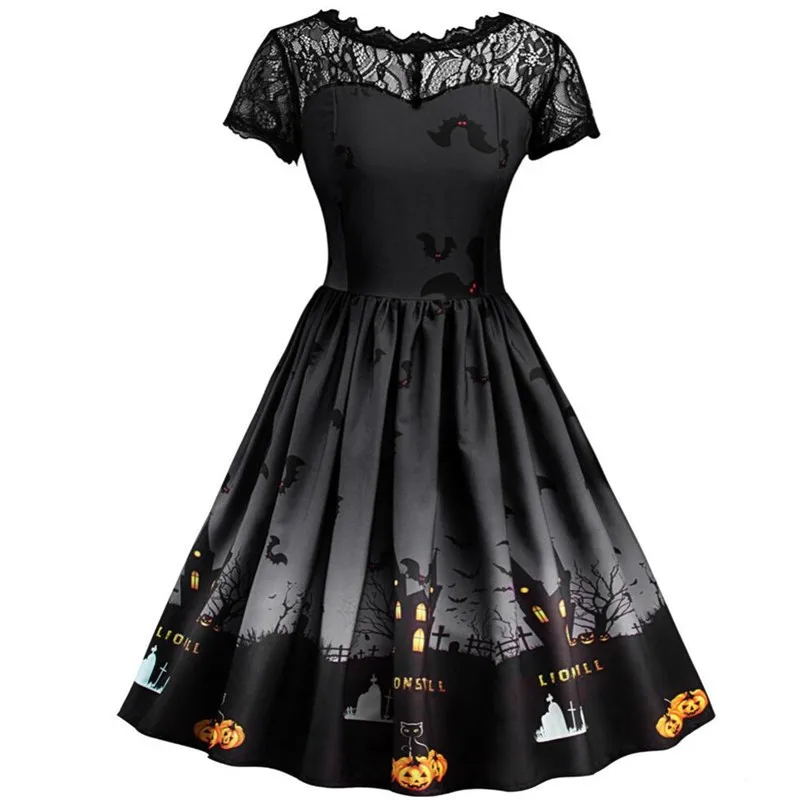 

Pumpkin Castle Halloween Dress Women O-neck Short Sleeve Black Lace Mini Dress Sexy Plus Size Party Dress Vestidos