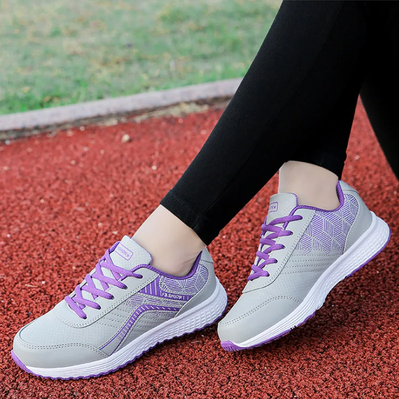 New All season Womens Leather Sneakers Light Non Slip Comfortable Lace up Running Shoes Woman EVA Sport Shoes Low Pink Purple 39