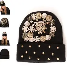 Мода года хип-хоп вязаные шапочки шапки с заклепками в стиле панк теплые зимние вязаные Шапки женские головы леопарда Шапка-бини Наборы для ухода за кожей головные уборы