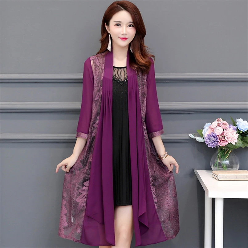 

Graceful Ladies Purple Black Lace Patched Cardigan Women 2019 Summer Plus Size Loose Chiffon Blouse Top Open Sunscreen Shirt