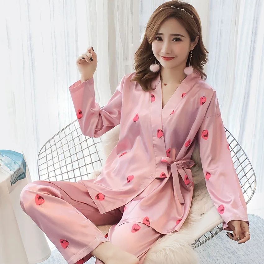 

Pink Pajamas Women's Autumn Simulation Silk Sleepwear Long-sleeved Suit Japanese Sweet Casual Thin Home Clothes Pink Pajama Set