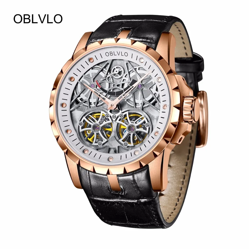 Дизайн OBLVLO брендовые Роскошные прозрачные часы с полым скелетом для мужчин Tourbillon розовое золото автоматические часы OBL3609