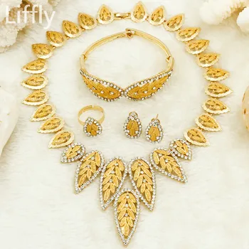 

Luxury Christmas Gifts Crystal Leaf Necklace Bracelets Fashion Dubai Glamor Women Gold Jewelry African Bride Wedding Jewelry Set