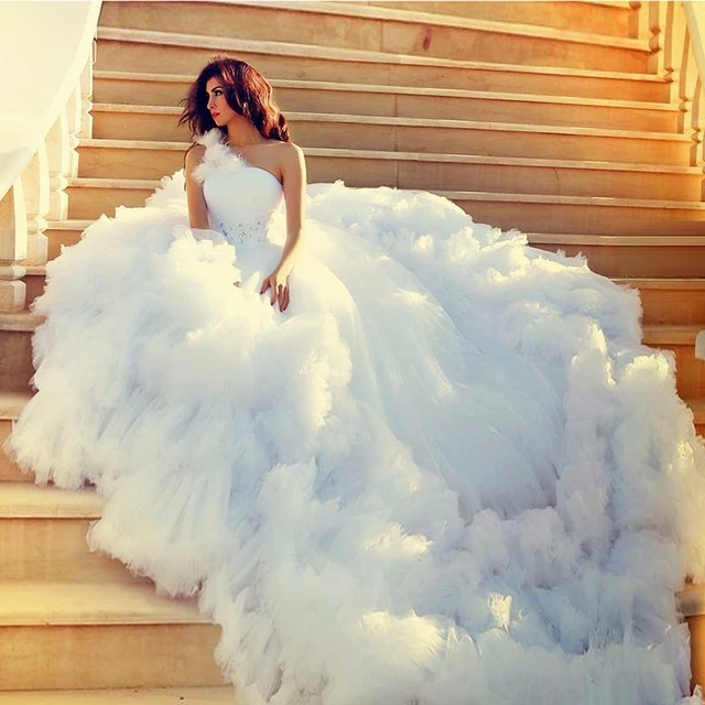Puffy White Wedding Dresses Backless One Shoulder Beading Cathedral Puffy White Wedding Dresses Backless One Shoulder Beading Cathedral Train Long Tail Custom Made Bridal Gown