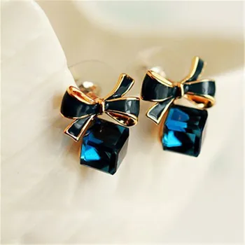

High Quality Fashion 2018 Chic Shimmer bow knot Cubic Green Blue Crystal Earrings Rhinestone Stud Earrings For Women pendientes