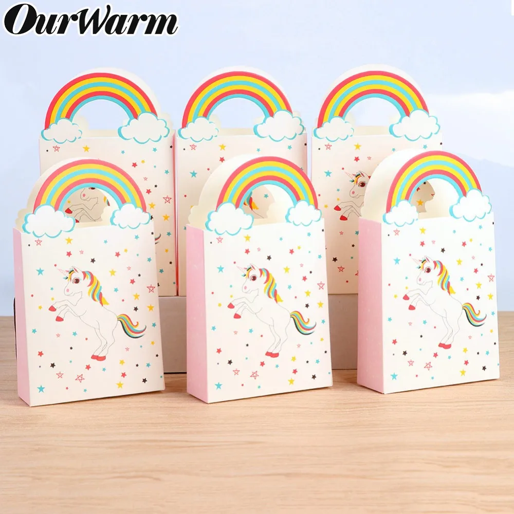 

OurWarm 50pcs Mini Unicorn Candy Boxes Paper Gift Bags Unicorn Theme Birthday Party Favor Bag with Handle 14x8x3cm