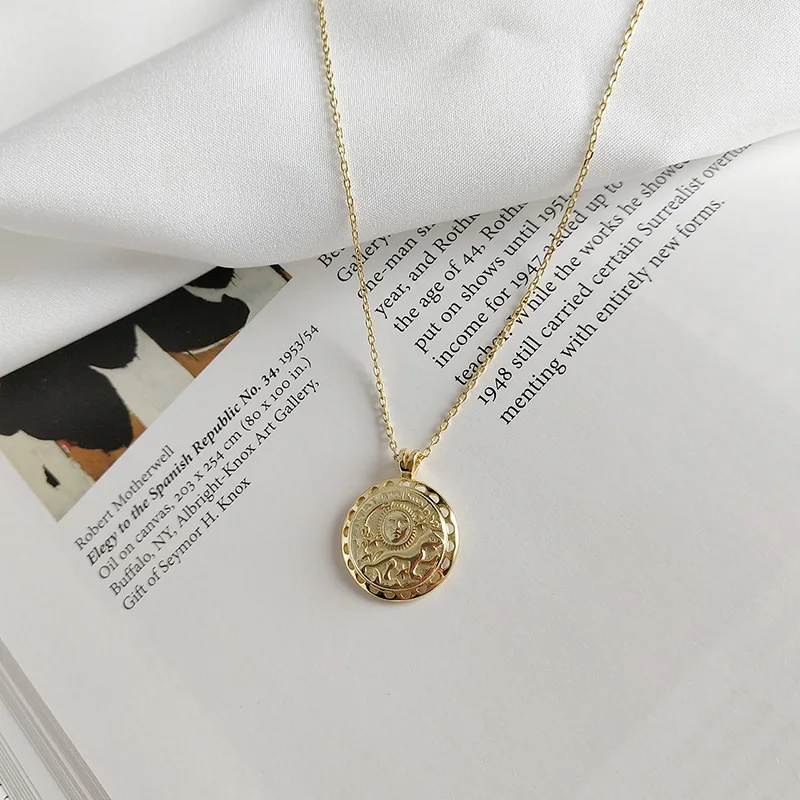 

WTLTC Bohemia Round Coin Disk Pendant Necklaces for Women 925 Sterling Sliver Animal Necklace Minimalist Statement Jewelry