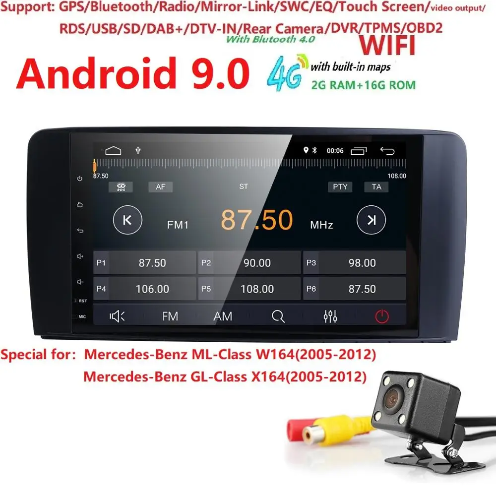 

2GB+16GB Quad Core Android 9.0 Car Radio For Mercedes/Benz/GL ML CLASS W164 ML350 ML500 X164 GL320 Canbus 4G Wifi GPS BT Radio