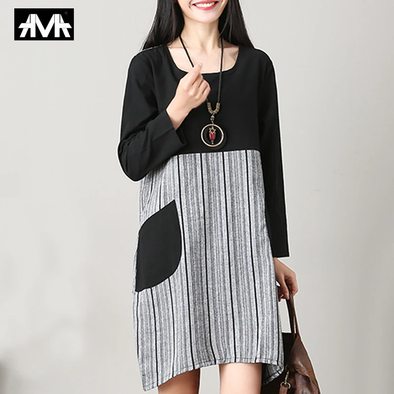 

Loose women's Dress Striped Casual Long sleeve Plus size Dresses Fashion Cotton and linen Striped Summer Women dress