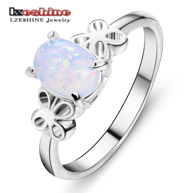 LZESHINE New Silver Color Round Bow Knot White Fire Opal Rings For Women Wedding Fashion Jewelry Birthstone Ring | Украшения и