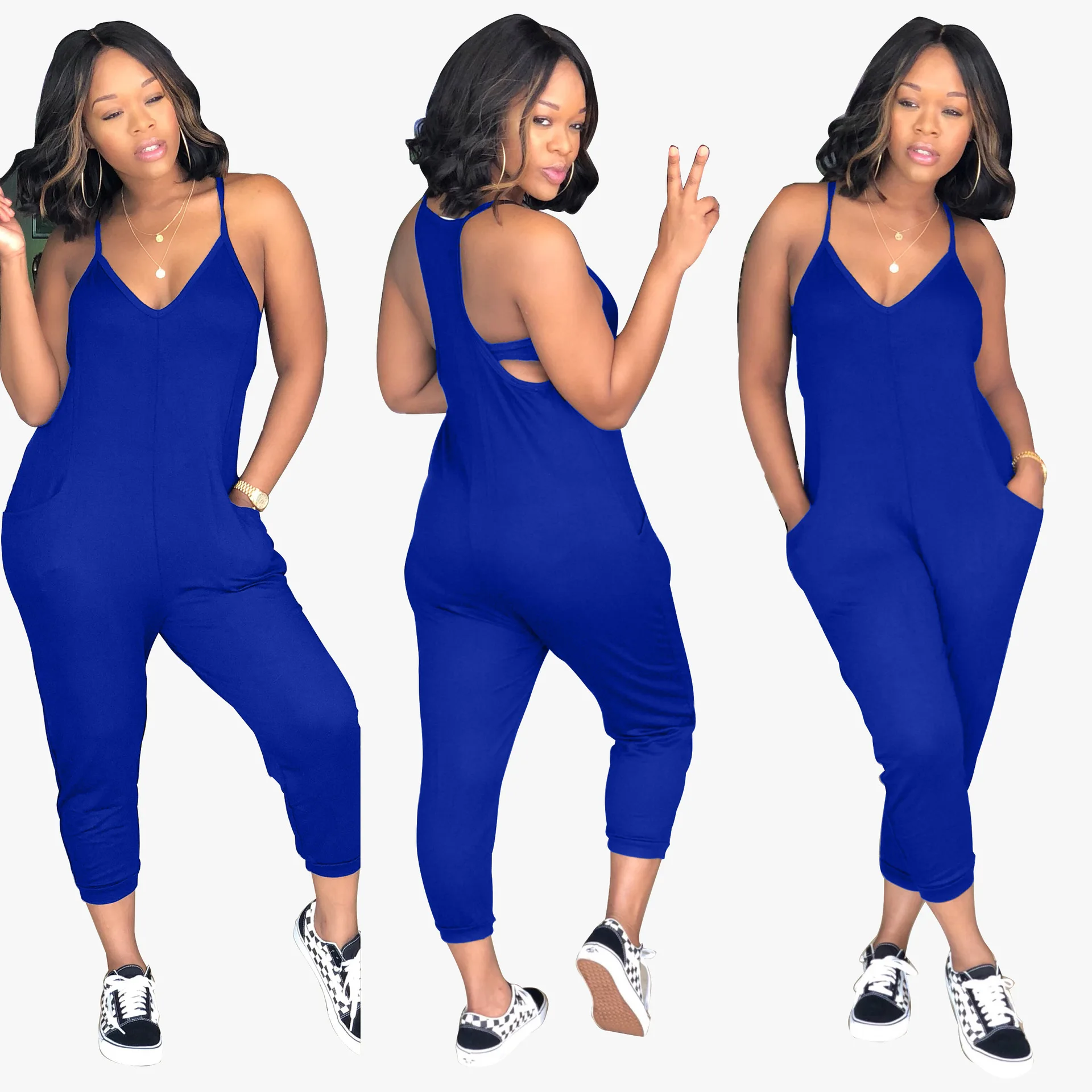 Sexy Straps Deep V Neck Solid Color Jumpsuit Plus Size 3XL big Women Playsuit Streched Summer Casual Rompers SMR9006 Jumpsuits and Playsuits