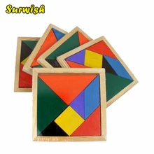 Surwish Wooden Tangram 7 Piece Jigsaw Puzzle Colorful Square IQ Game Brain Teaser Intelligent Educational Toys for Kids