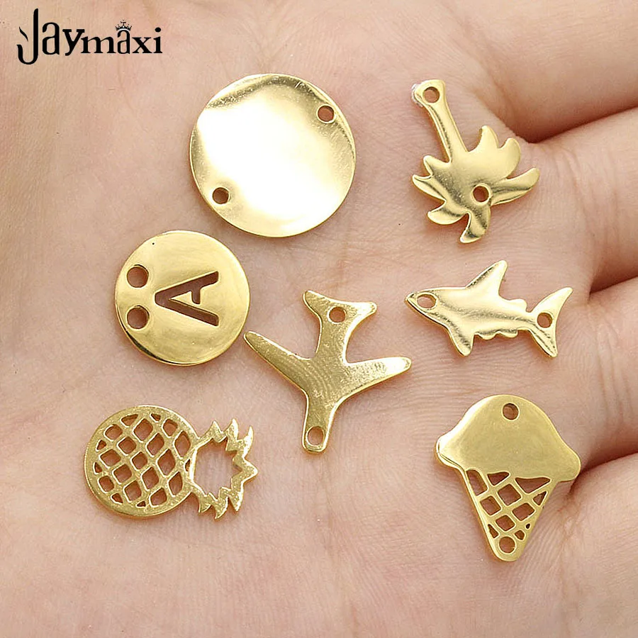 

Jaymaxi Gold Color Fish Airplane Pineapple Icecream Tree Letter A Charm Mirror Polish Stainless Steel Jewelry 20Piece/lot