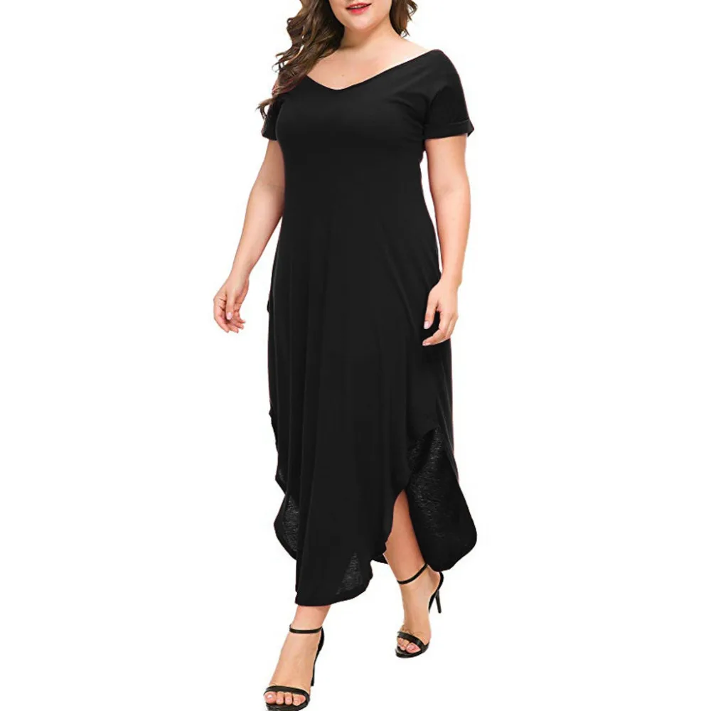 

Dress Plus Size Solid Color Casual Short Sleeve Women Summer Ankle-Length Dresses V-Neck Loose Pure Color Dress vestidos 4EM