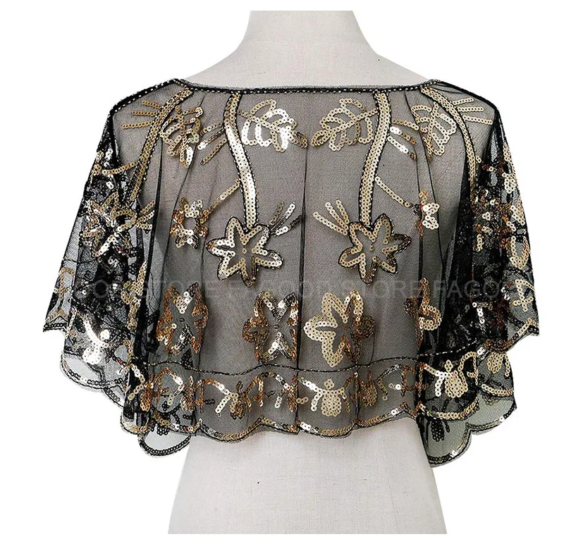Women Glittering 1920s Shawl Wraps Sequin Beaded Evening Cape Bolero Flapper Cover Up (14)