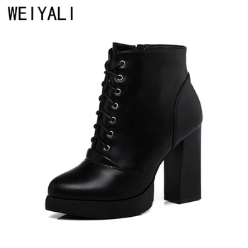 

2018 Classic Women Boots Platform High Heels Winter Boots High Quality Lace-Up Black Leather Ankle Boots Botas Femininas Inverno