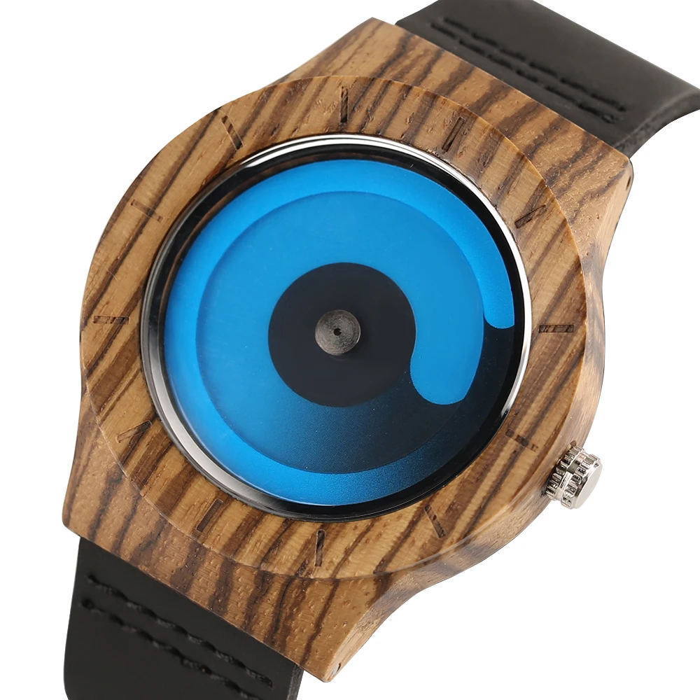 

Wooden Watch Men Creative Swirl Dial Blue/Purple Casual Man Wrist Watch Genuine Leather Band Handmade Wood Clock Male Gift