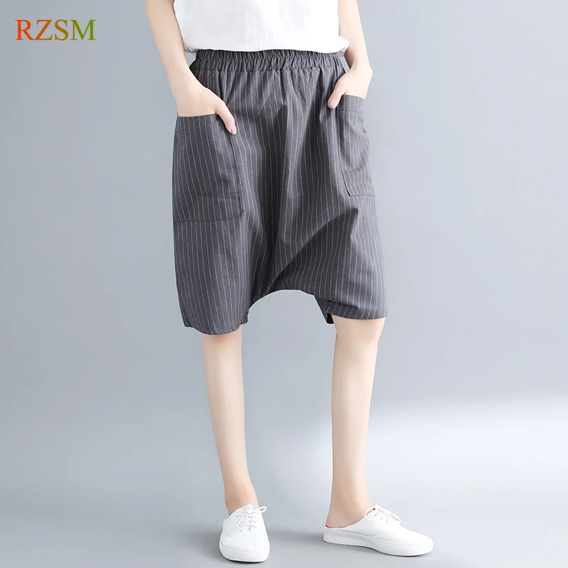 Oversized Cross Pants Women Summer Cotton Linen Baggy Fashion Striped