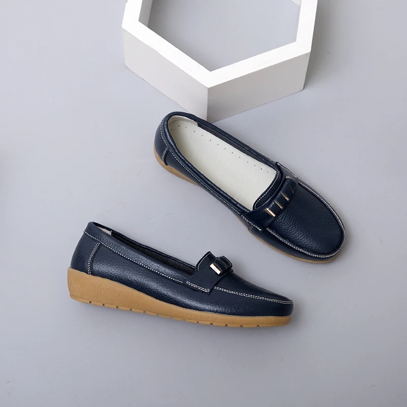 WeiDeng/женская Повседневная мягкая обувь из натуральной кожи; Gommino; яркие цвета; очень модный светильник; слипоны на плоской подошве; лоферы; большие размеры 35-44 - Цвет: Dark Blue