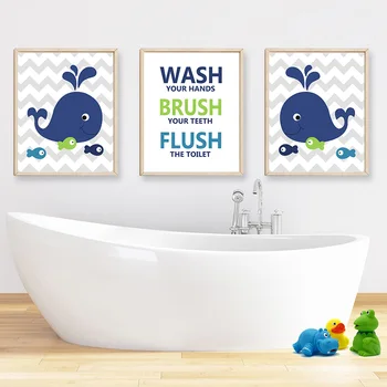 

Kawai Whale Children Art Prints Wash Brush and Flush Wall Art Canvas for Bathrooms Decor In Navy Green Posters Painting Pictures
