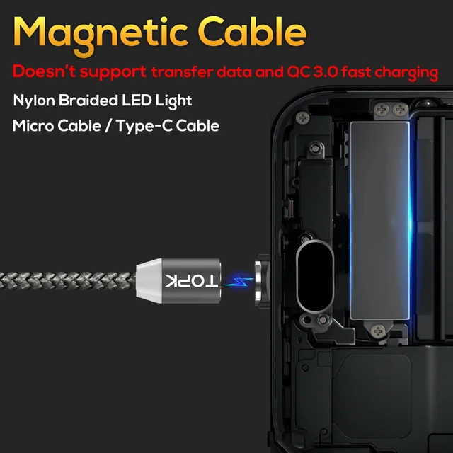 TOPK R-Line1 LED Magnetic USB Cable , Magnet Plug & USB Type C Cable & Micro USB Cable & USB Cable for Samsung Xiaomi Huawei LG