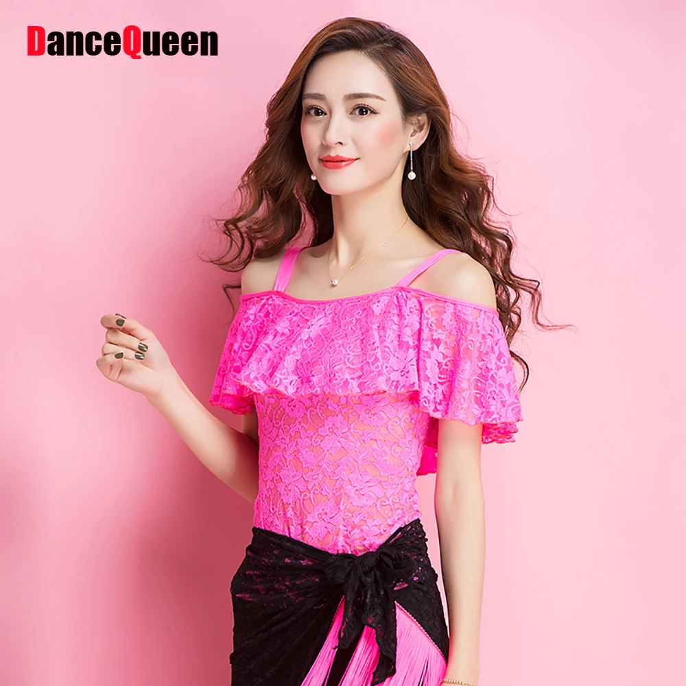 Current Latin Dance Shirt For Ladies Lake Rose Red Color Braces Lace Showing Tops Woman Tango 