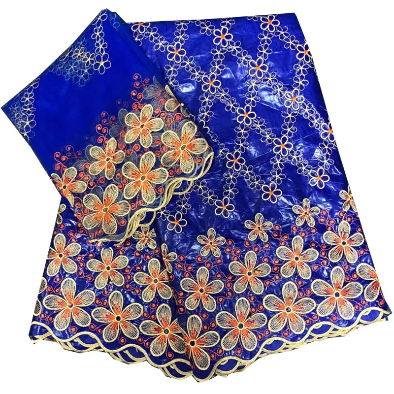 

(5+2 yards /set) high quality embroidered African bazin lace fabric in royal blue and orange with beads plus scarf lace BLS23