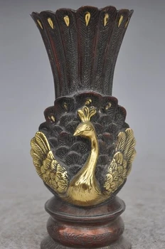 

7" Auspicious chinese bronze gilt fengshui animal Peacock bird Vase Jar Statue
