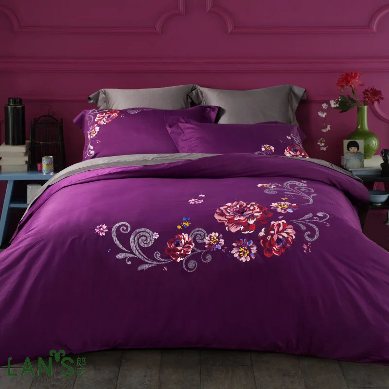 100cotton Purple Floral Embroidery 4pcs Bedding Sets Comfortable Duvet