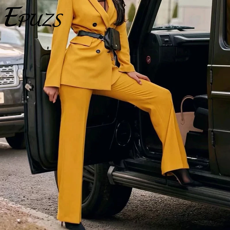 Модный желтый Блейзер, женские брюки с высокой талией,, элегантные офисные прямые брюки, повседневные женские брюки, женские
