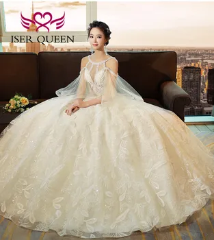 

Princess Stylish Pearls Beading Neckline Flare Cap Sleeve European Style Wedding Dress Ball Gown Lace up Ivory Color WX0133