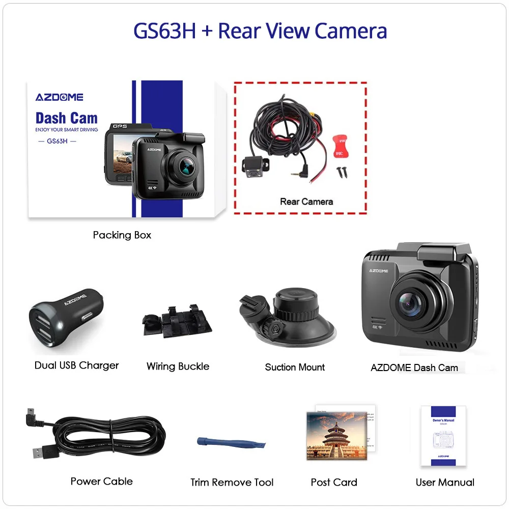 AZDOME GS63H 4K Parking Monitor Car Dvr Dash Cam Vehicle Rear View Camera Dual Lens GPS Wifi Night Vision Dashcam 24H Monitor - Название цвета: GS63H-RVC