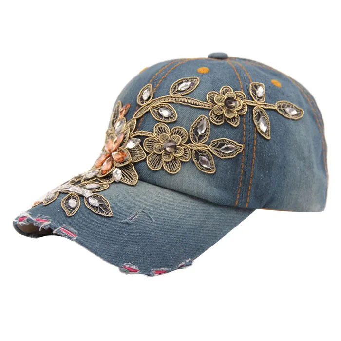 Новая шляпа Для женщин Diamond Flower Демин Бейсбол Кепки Летний стиль леди джинсы Шапки Femme Se5GBY