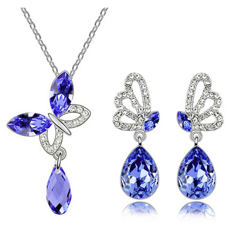 

cheap silver plated butterfly crystal jewelry set bijouterie