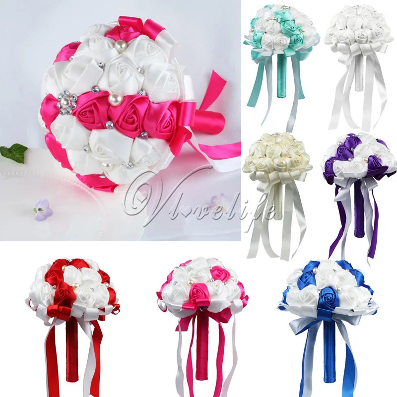 Satin Rose Wedding Bouquet Bridal Bridesmaid Aartificial Flower Ribbon Pearl New Satin Rose Wedding Bouquet Bridal Bridesmaid Aartificial Flower Ribbon Pearl New