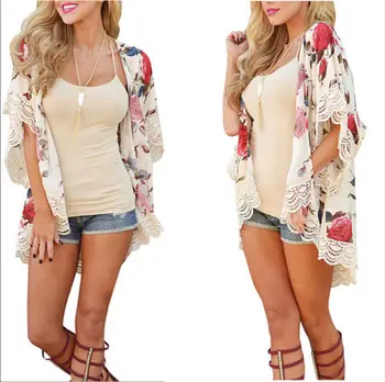 New 2018 Summer Women Floral Loose Shawl Kimono Cardigan Tops Boho Chiffon Lace Patchwork Short Sleeve Loose Blouse lace panel kimono sleeve tee
