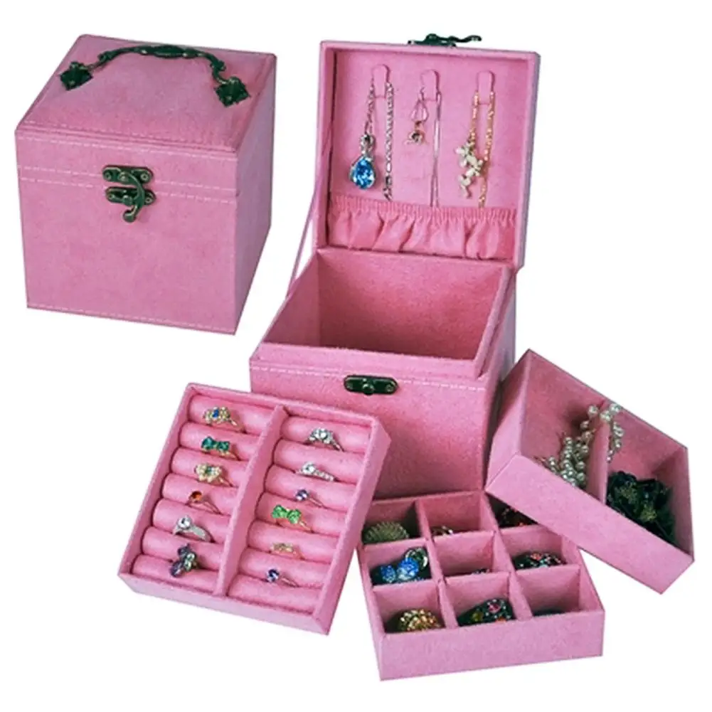 

Vintage Three Layers Tote Jewelry Box Organizer Display Storage Case with Lock